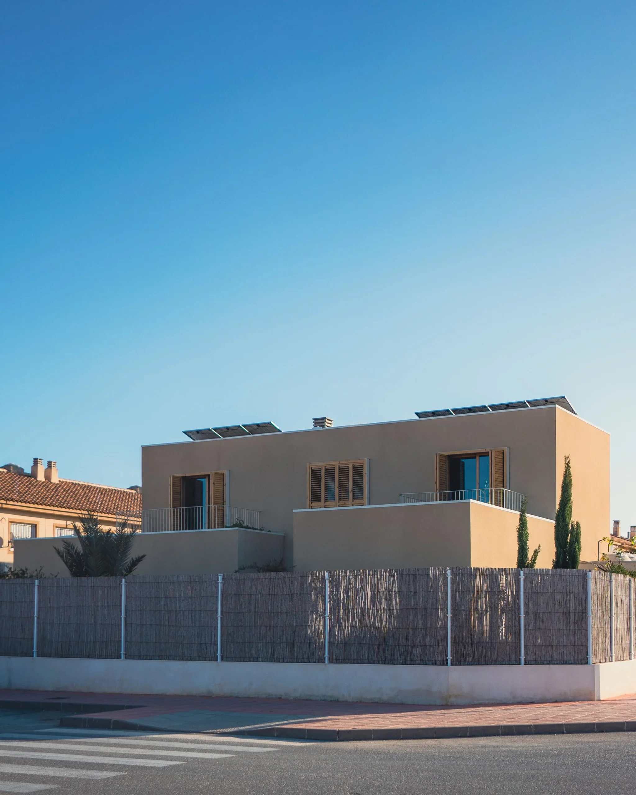 Modern home with rooftop solar panels